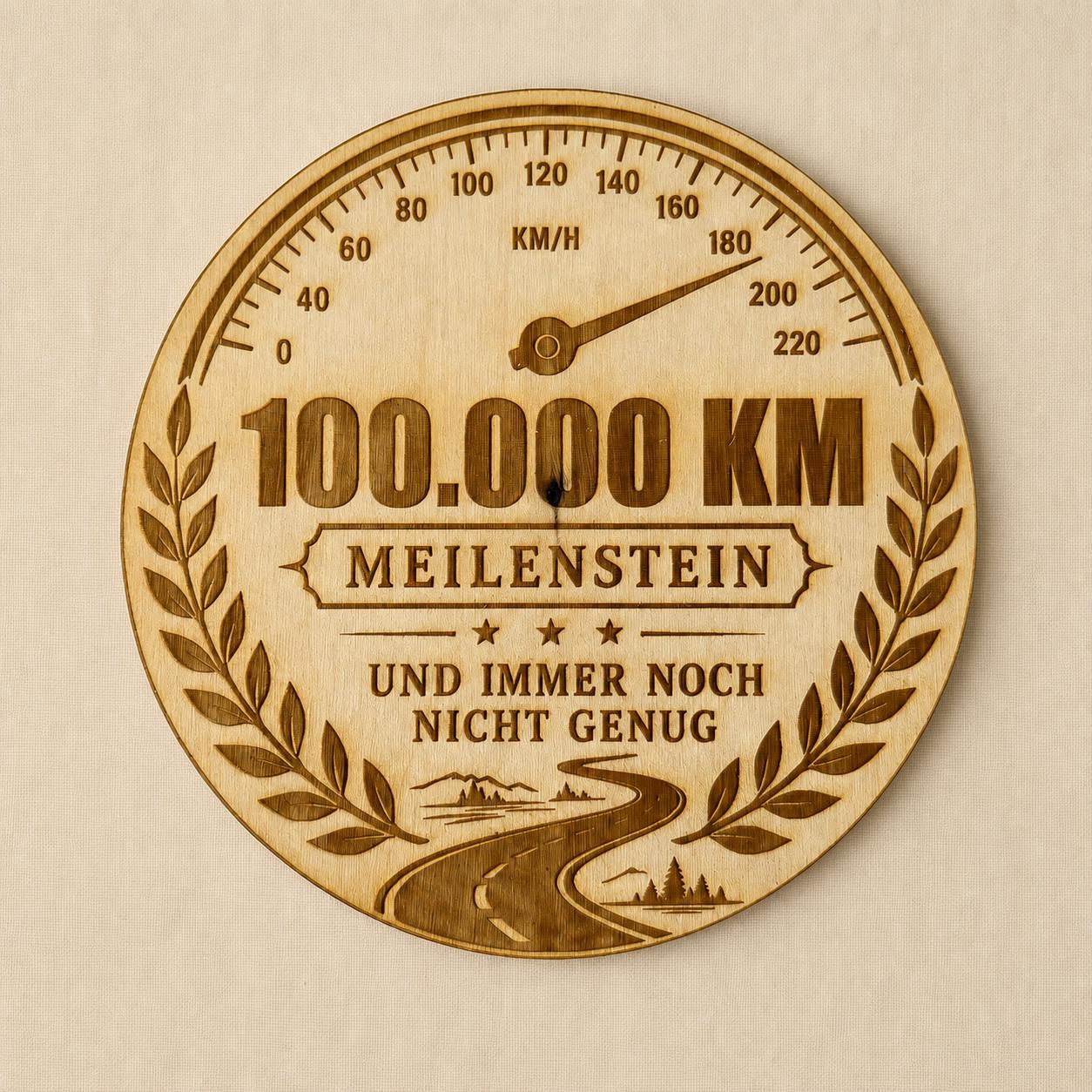 100.000 km Plakette für Autofahrer – Meilenstein Medaille aus Holz oder schwarzem Acryl, DasGlueckswerk, Geschenke für Autofahrer, Signs, 