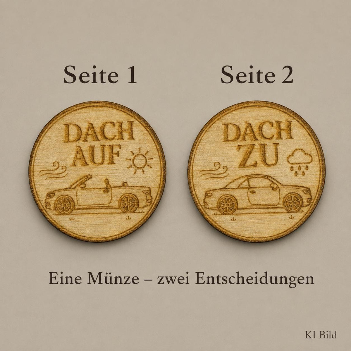 Cabrio Entscheidungsmünze Dach auf oder Dach zu – Geschenk für Cabriofahrer und Roadsterfans aus Holz, DasGlueckswerk, Geschenke für Autofahrer, Lucky Charms & Amulets, 