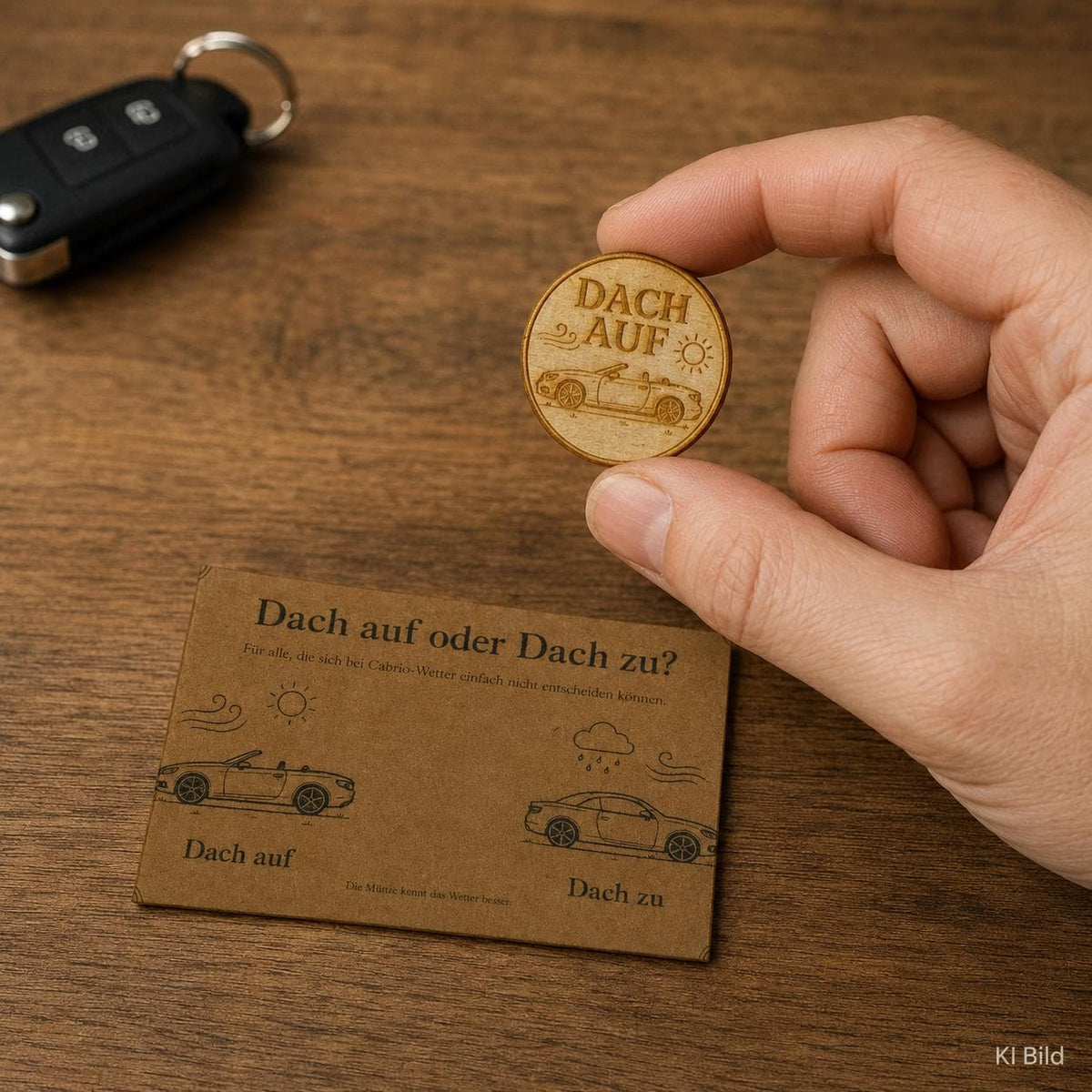 Cabrio Entscheidungsmünze Dach auf oder Dach zu – Geschenk für Cabriofahrer und Roadsterfans aus Holz, DasGlueckswerk, Geschenke für Autofahrer, Lucky Charms & Amulets, 