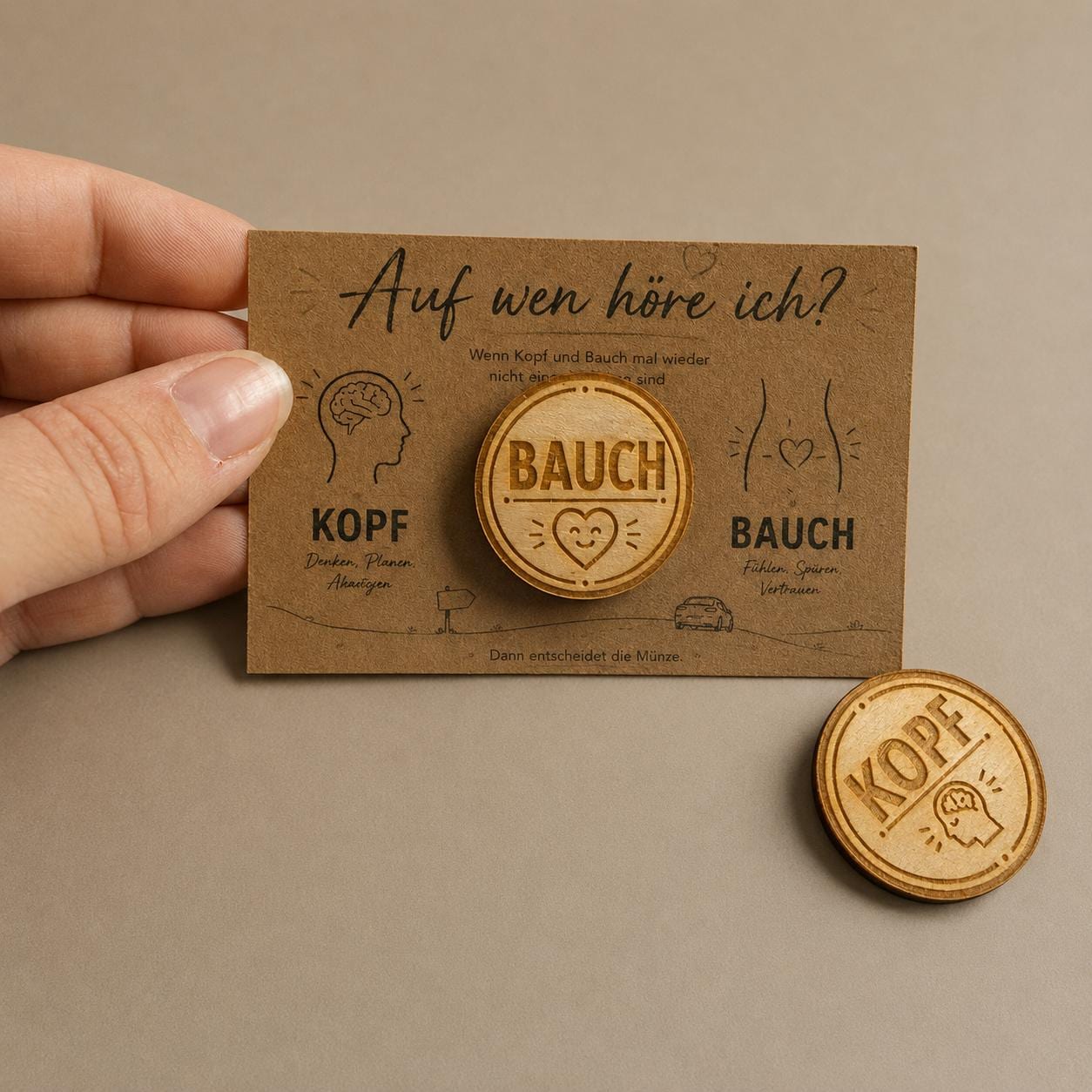 Entscheidungsmünze Bauch oder Kopf aus Holz – Geschenk bei schwierigen Entscheidungen und für Unentschlossene, DasGlueckswerk, Dekoration, Greeting Cards, 