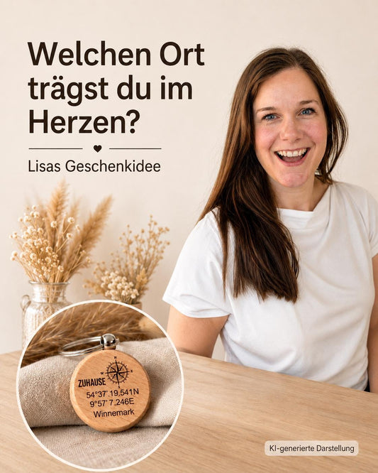 Könnte beinhalten: Ein runder Holzschlüsselanhänger mit einem schwarzen Kompass-Symbol, dem Wort ZUHAUSE, den Koordinaten 54°37'19.541N 9°57'7.246E und dem Text Winnemark. Darüber steht der Text Welchen Ort trägst du im Herzen? und Lisas Geschenkidee.