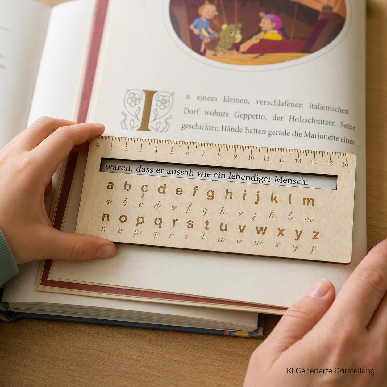 Lesehilfe Holz mit ABC Lineal, Gravur Groß und Kleinbuchstaben, Geschenk Schulanfang, DasGlueckswerk, Dekoration, Learning & School, Holz