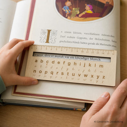 Lesehilfe Holz mit ABC Lineal, Gravur Groß und Kleinbuchstaben, Geschenk Schulanfang, DasGlueckswerk, Dekoration, Learning & School, Holz