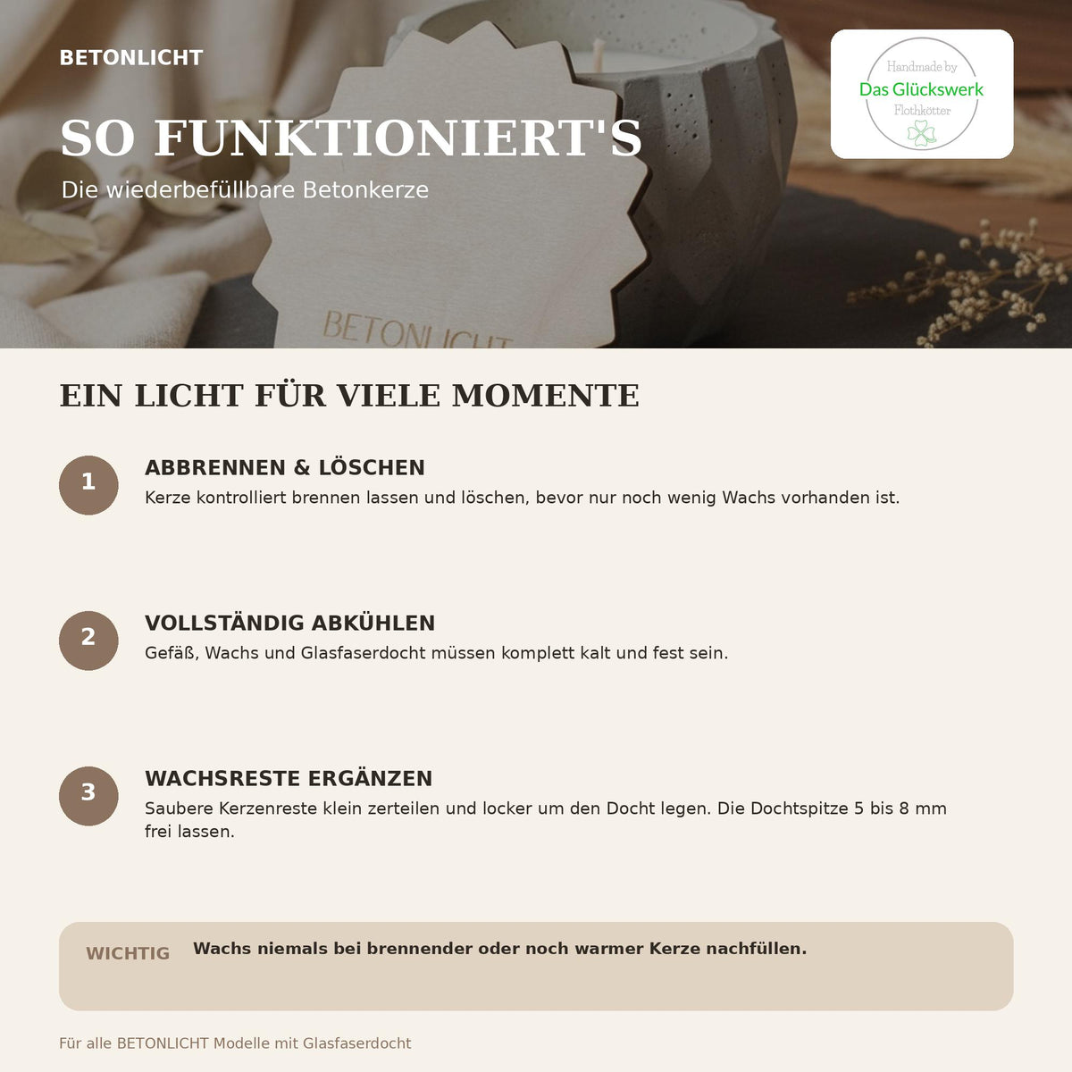 Betonkerze Glückslicht, handgegossen aus Möbelbeton und Sojawachs, Geschenk Hochzeit Geburtstag Jahrestag, DasGlueckswerk, Kerzen aus Beton, Garden Decoration, holz, wachs, Beton, Glasfaser