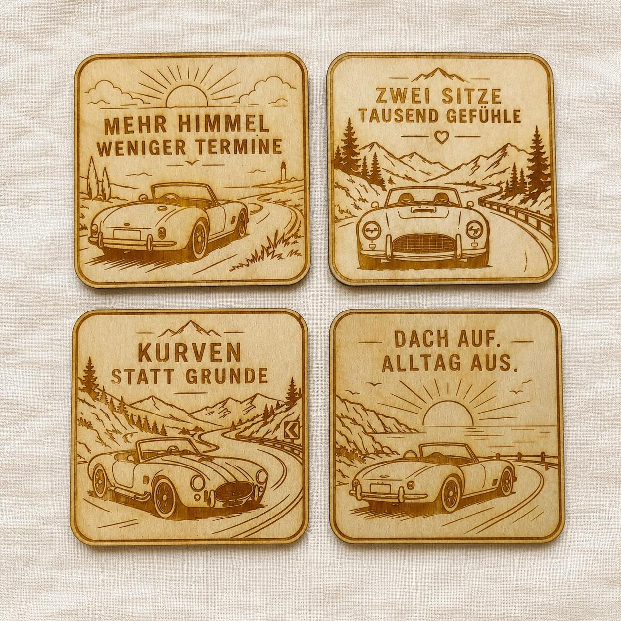 Auto-Untersetzer aus Holz, lasergraviertes Roadster Set, Geschenk für Cabriofahrer und Oldtimer Fans, DasGlueckswerk, Geschenke für Autofahrer, Coasters, 