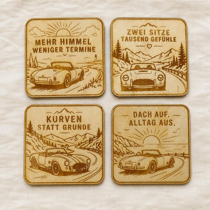 Auto-Untersetzer aus Holz, lasergraviertes Roadster Set, Geschenk für Cabriofahrer und Oldtimer Fans, DasGlueckswerk, Geschenke für Autofahrer, Coasters, 