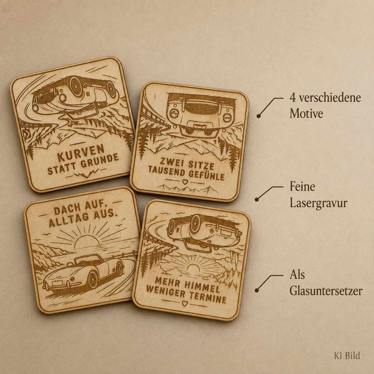 Auto-Untersetzer aus Holz, lasergraviertes Roadster Set, Geschenk für Cabriofahrer und Oldtimer Fans, DasGlueckswerk, Geschenke für Autofahrer, Coasters, 