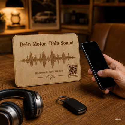 Motorsound Aufsteller mit QR-Code | personalisierte Soundwave Gravur, DasGlueckswerk, Geschenke für Autofahrer, Signs, 