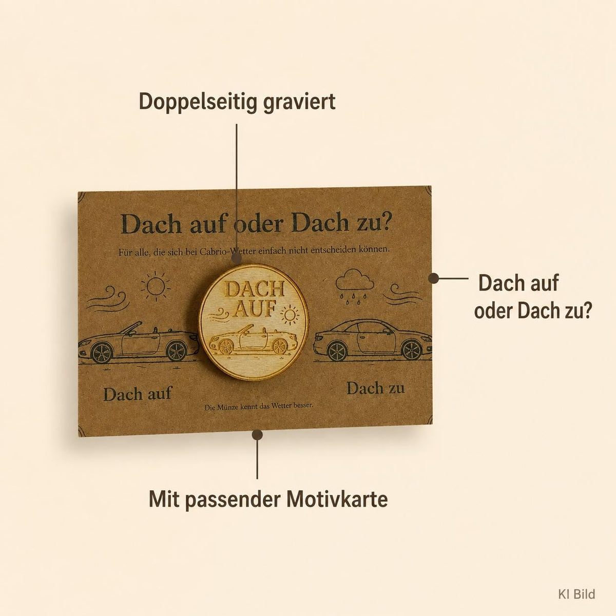 Cabrio Entscheidungsmünze Dach auf oder Dach zu – Geschenk für Cabriofahrer und Roadsterfans aus Holz, DasGlueckswerk, Geschenke für Autofahrer, Lucky Charms & Amulets, 