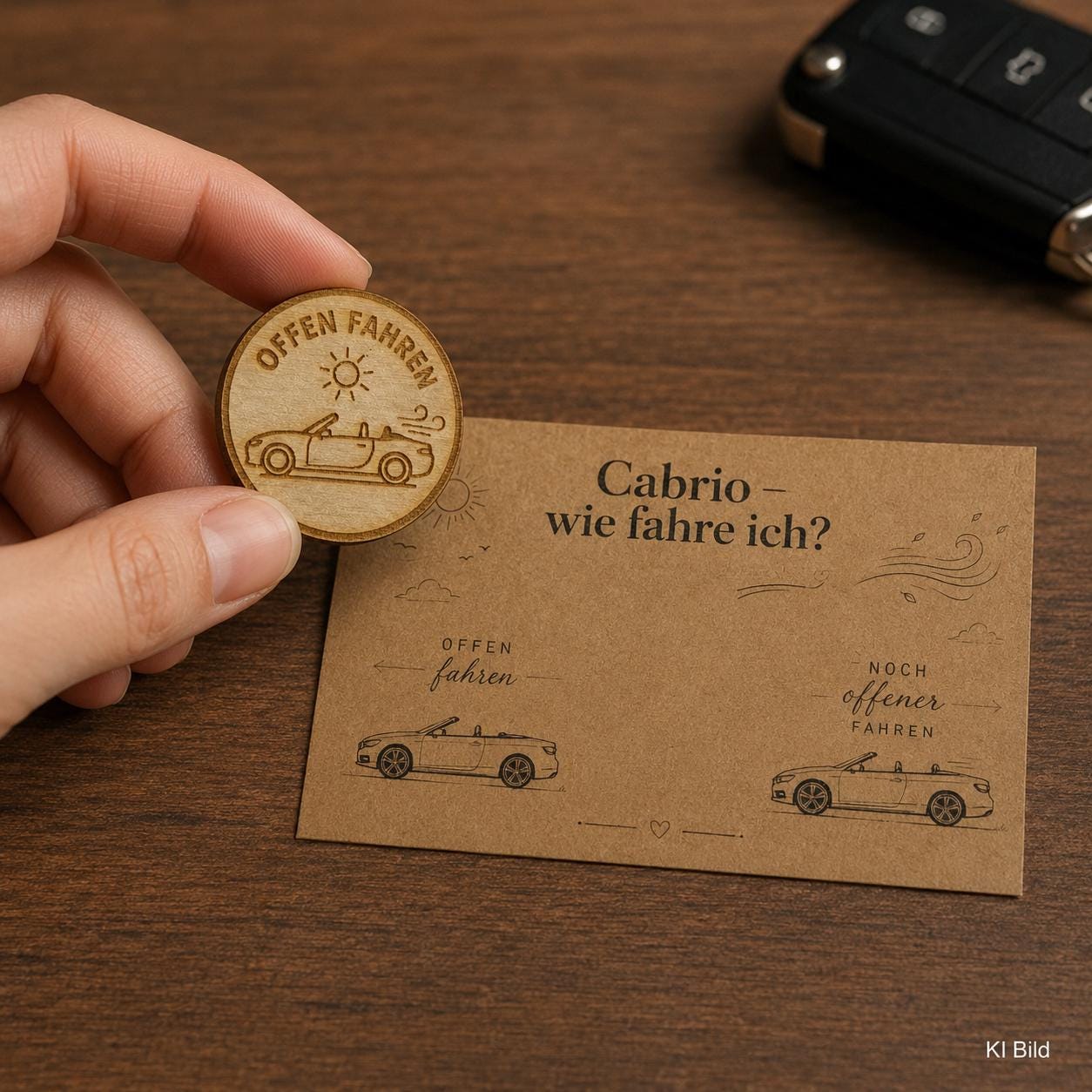 Cabrio Holzmünze „Offen oder noch offener“ – lustige Entscheidungsmünze für Cabriofahrer und Roadsterfans, DasGlueckswerk, Geschenke für Autofahrer, Congratulations Cards, 