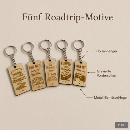 Cabrio Schlüsselanhänger aus Birkenholz – 5 Roadtrip-Sprüche wählbar – Geschenk für Cabriofahrer, DasGlueckswerk, Geschenke für Autofahrer, Keychains, 