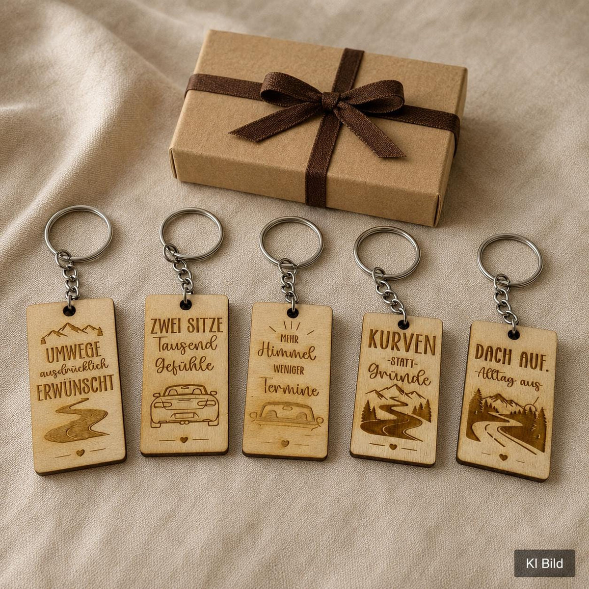 Cabrio Schlüsselanhänger aus Birkenholz – 5 Roadtrip-Sprüche wählbar – Geschenk für Cabriofahrer, DasGlueckswerk, Geschenke für Autofahrer, Keychains, 