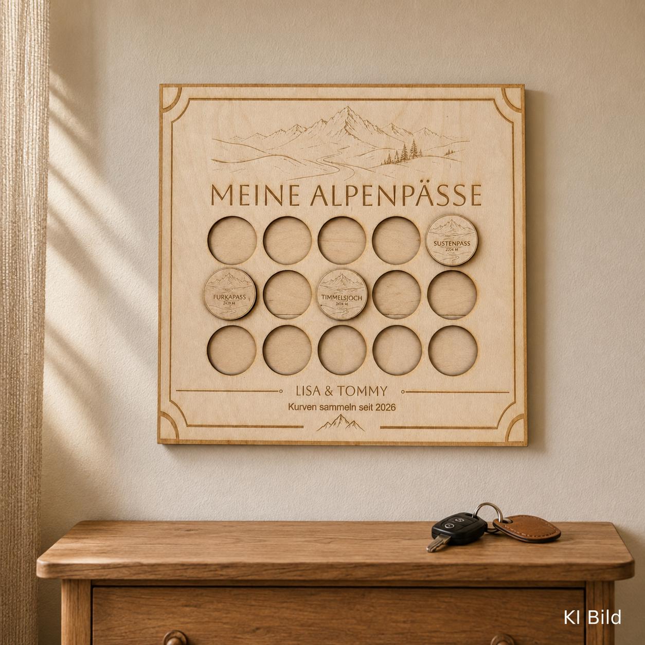 Alpenpässe Sammelboard aus Holz – personalisiert mit Namen & Jahreszahl, DasGlueckswerk, Personalisierte Geschenk, Signs, 