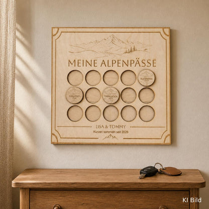 Alpenpässe Sammelboard aus Holz – personalisiert mit Namen & Jahreszahl, DasGlueckswerk, Personalisierte Geschenk, Signs, 