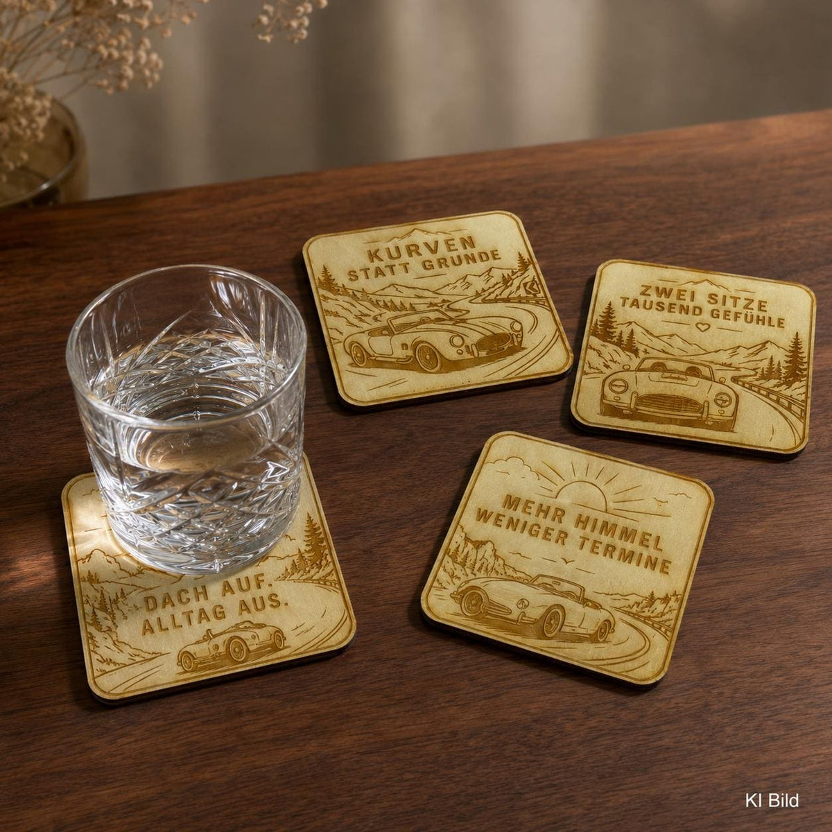 Auto-Untersetzer aus Holz, lasergraviertes Roadster Set, Geschenk für Cabriofahrer und Oldtimer Fans