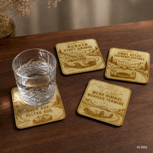 Auto-Untersetzer aus Holz, lasergraviertes Roadster Set, Geschenk für Cabriofahrer und Oldtimer Fans