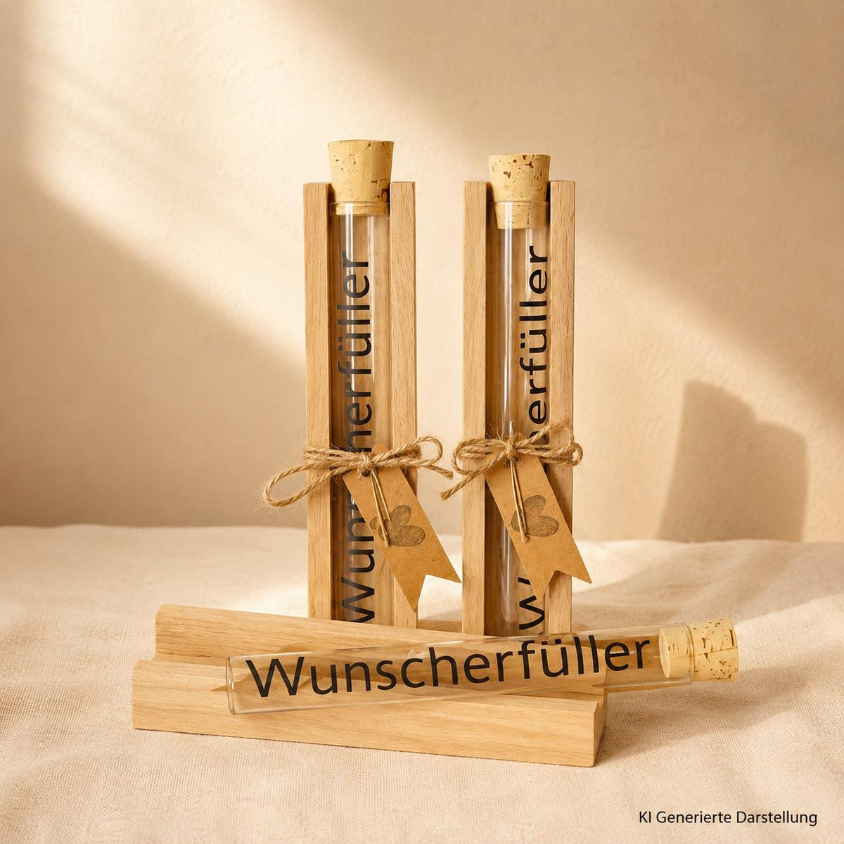 Wunscherfüller Glasröhrchen Holzschale, kleines Geschenk zum Mitbringen, DasGlueckswerk, Geburtstag, Greeting Cards, holz, glas