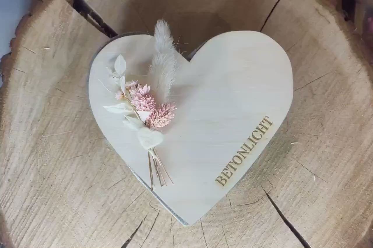 Betonlicht Herzform mit Holzdeckel, Herzkerze Beton grau, Geschenk Freundin Mama Tischdeko