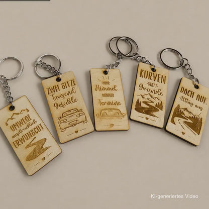 Cabrio Schlüsselanhänger aus Birkenholz – 5 Roadtrip-Sprüche wählbar – Geschenk für Cabriofahrer
