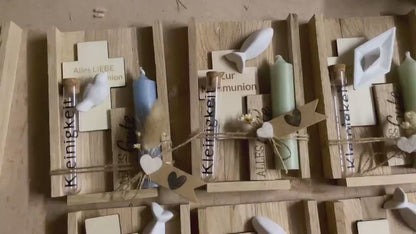 Christliches Geschenkset zur Firmung mit Kerze, Fisch und personalisiertem Kreuz aus holz mit Röhrchen für Geldgeschenk "Wunscherfüller"