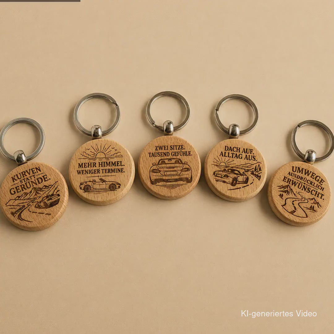 Cabrio Schlüsselanhänger aus Holz „Kurven statt Gründe“ – Geschenk für Roadsterfahrer und Autofans